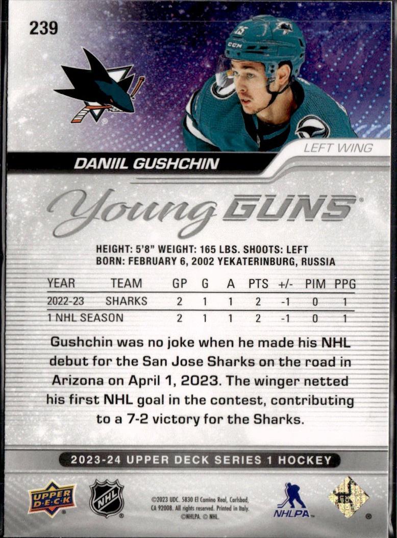 2023-24 Upper Deck Series 1 Hockey Base Young Guns #239 – Daniil Gushchin (San Jose Sharks)