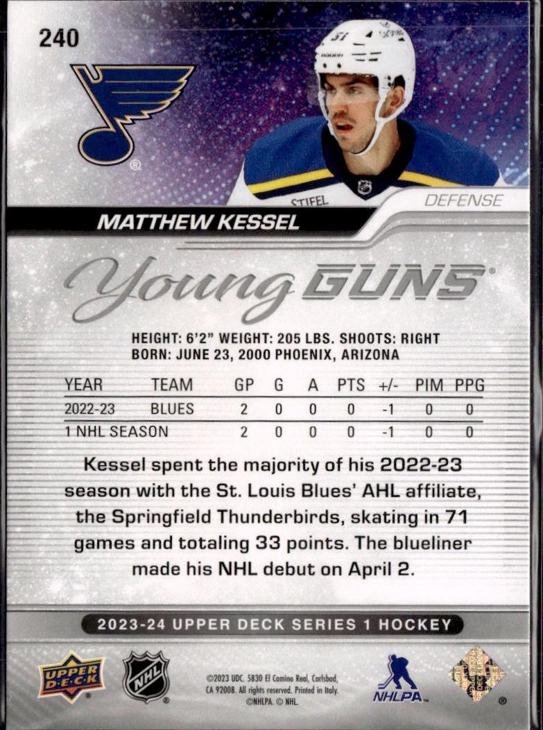 2023-24 Upper Deck Series 1 Hockey Base Young Guns #240 – Matthew Kessel (St. Louis Blues)