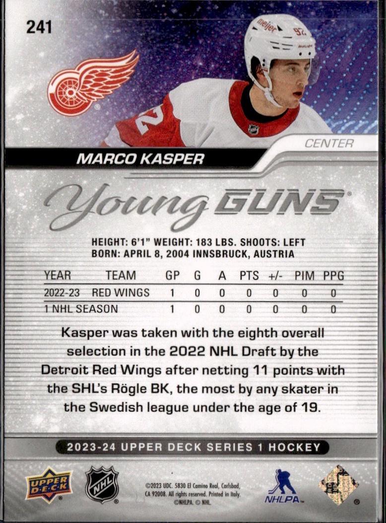 2023-24 Upper Deck Series 1 Hockey Base Young Guns #241 – Marco Kasper (Detroit Red Wings)