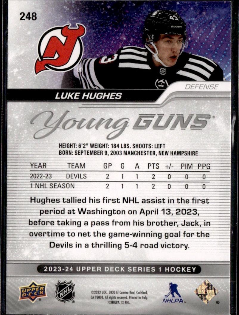 2023-24 Upper Deck Series 1 Hockey Base Young Guns #248 – Luke Hughes (New Jersey Devils)
