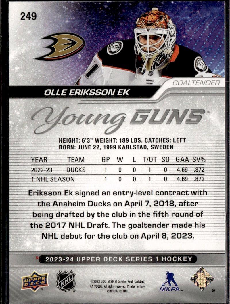 2023-24 Upper Deck Series 1 Hockey Base Young Guns #249 – Olle Eriksson Ek (Anaheim Ducks)