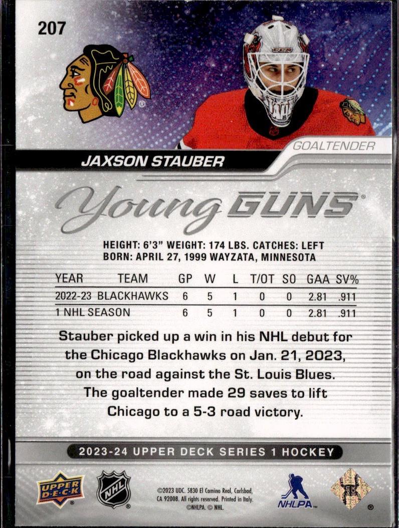 2023-24 Upper Deck Series 1 Hockey Base Young Guns #207 – Jaxson Stauber (Chicago Blackhawks)