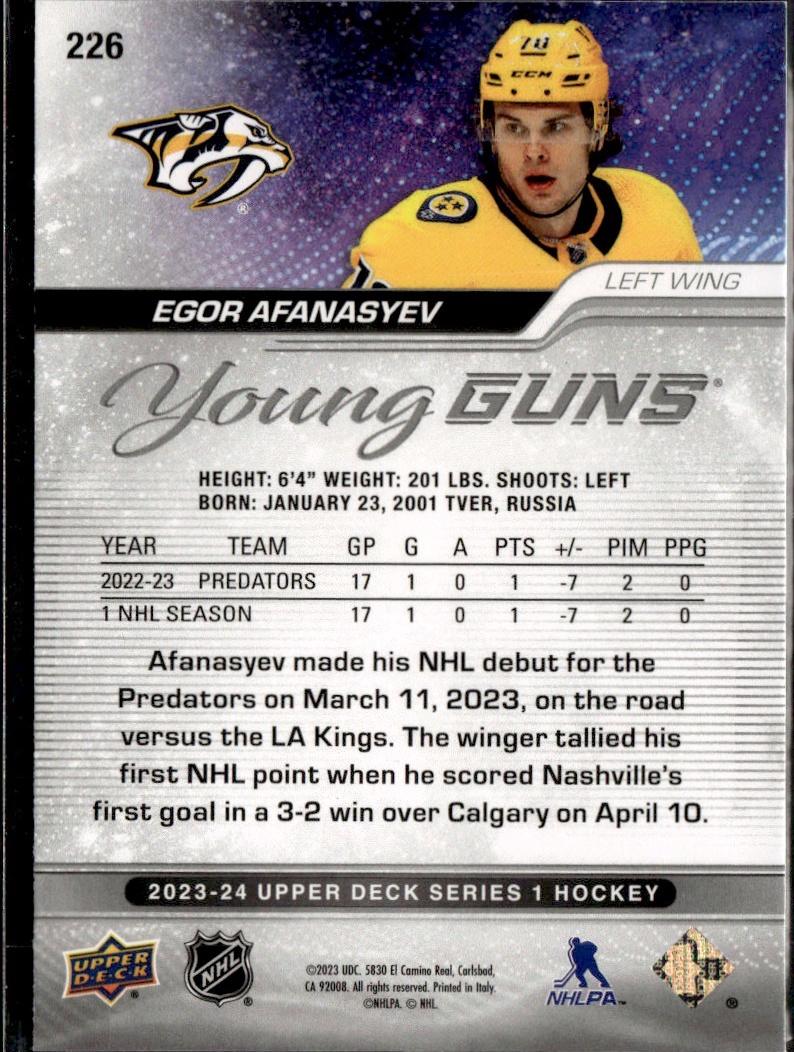 2023-24 Upper Deck Series 1 Hockey Base Young Guns #226 – Egor Afanasyev (Nashville Predators)