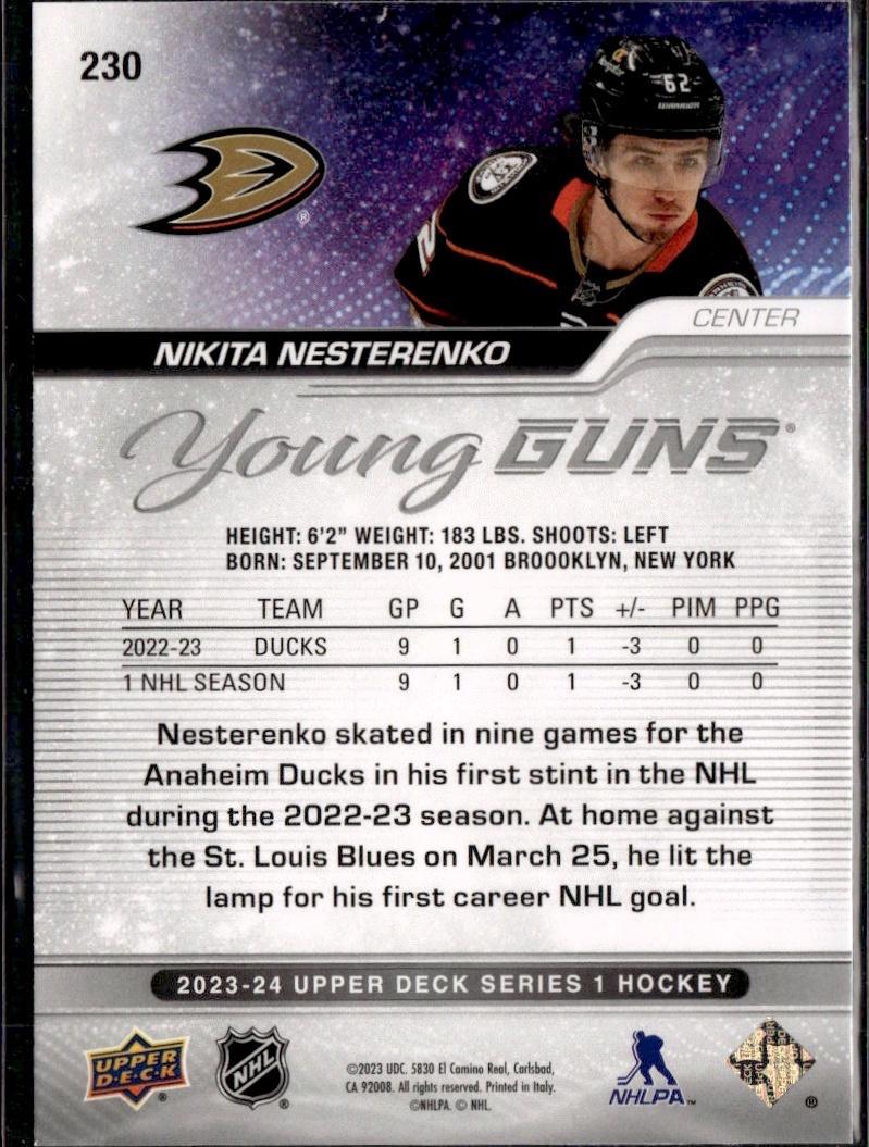 2023-24 Upper Deck Series 1 Hockey Base Young Guns #230 – Nikita Nesterenko (Anaheim Ducks)