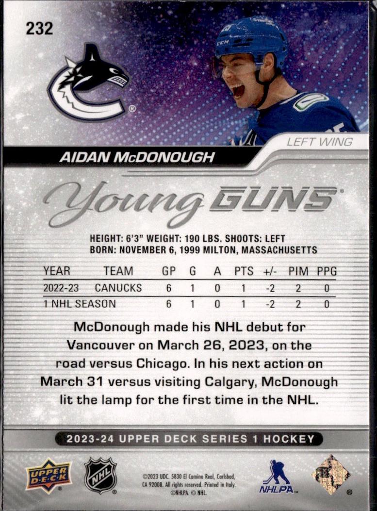 2023-24 Upper Deck Series 1 Hockey Base Young Guns #232 – Aidan McDonough (Vancouver Canucks)