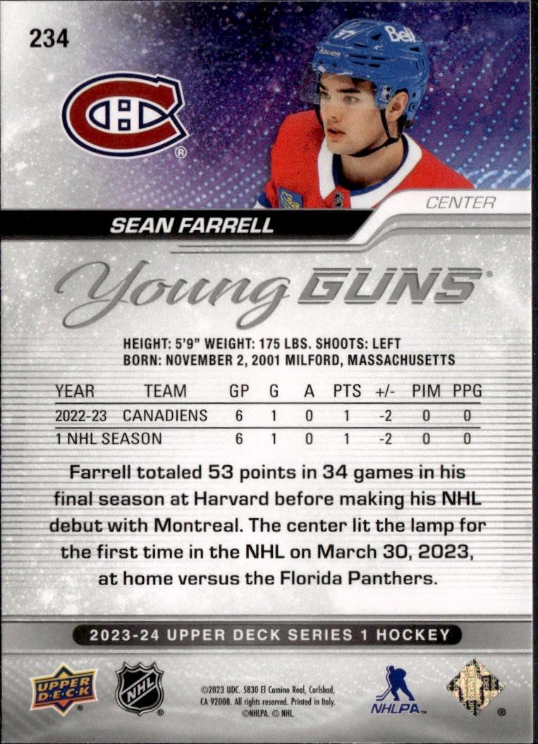 2023-24 Upper Deck Series 1 Hockey Base Young Guns #234 – Sean Farrell (Montreal Canadiens)