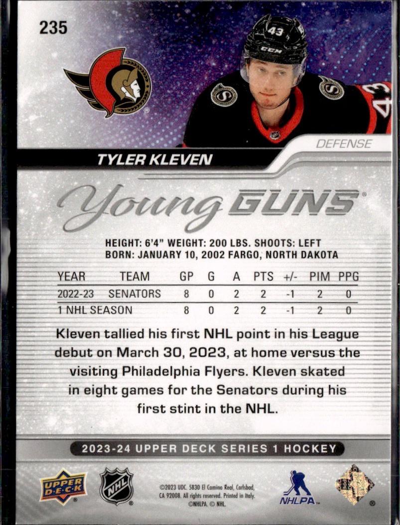 2023-24 Upper Deck Series 1 Hockey Base Young Guns #235 – Tyler Kleven (Ottawa Senators)
