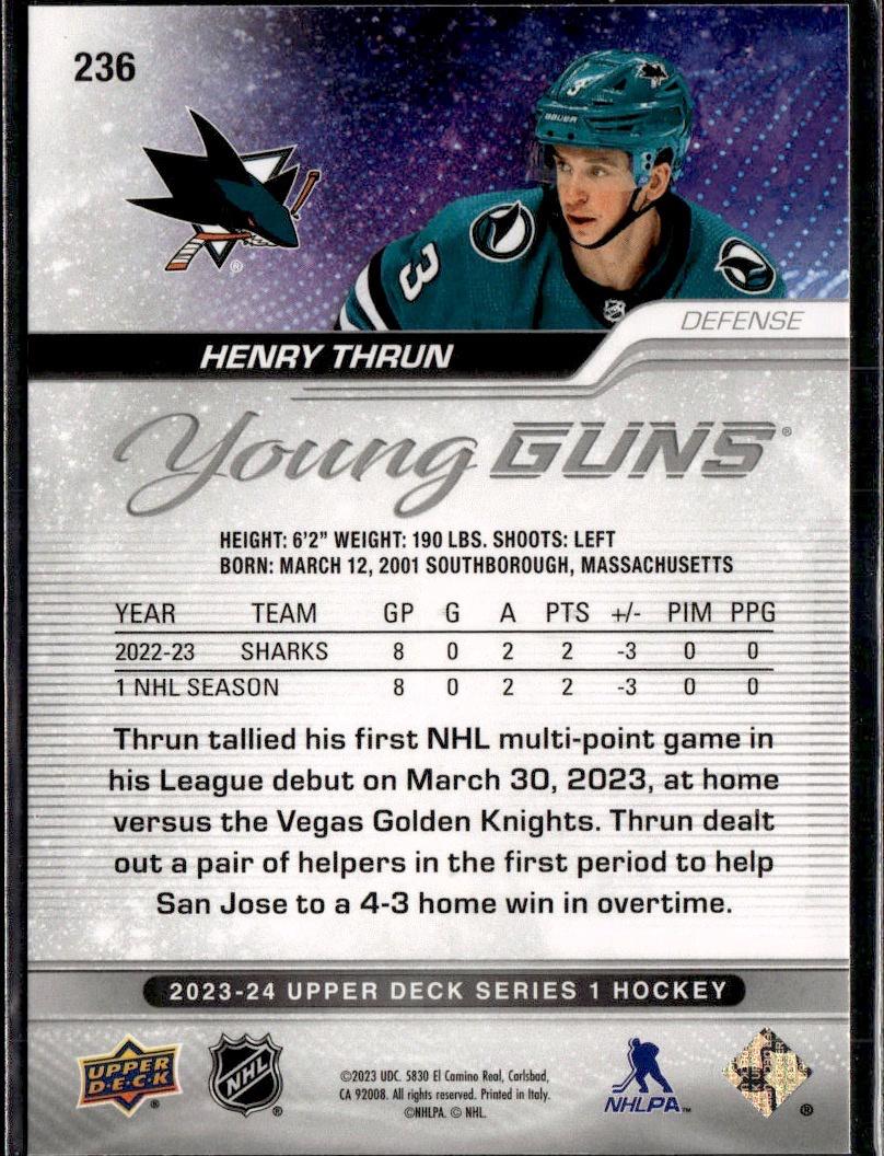 2023-24 Upper Deck Series 1 Hockey Base Young Guns #236 – Henry Thrun (San Jose Sharks)
