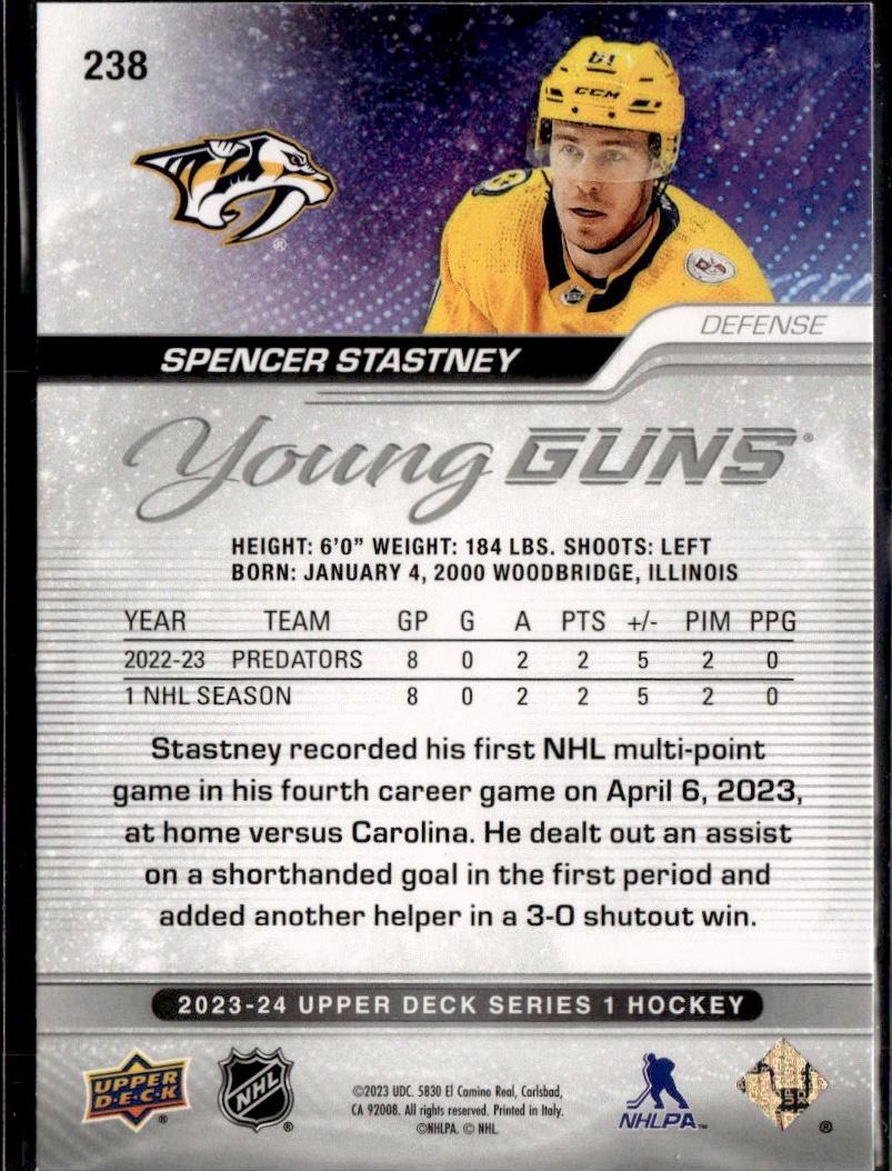 2023-24 Upper Deck Series 1 Hockey Base Young Guns #238 – Spencer Stastney (Nashville Predators)