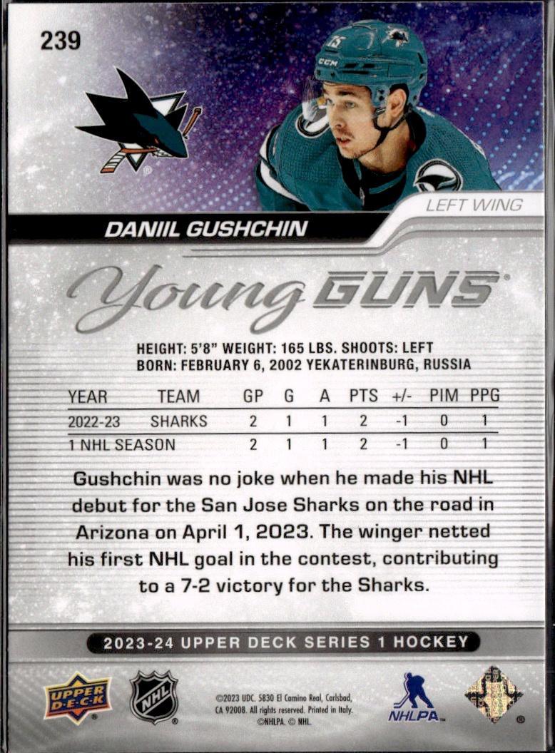 2023-24 Upper Deck Series 1 Hockey Base Young Guns #239 – Daniil Gushchin (San Jose Sharks)