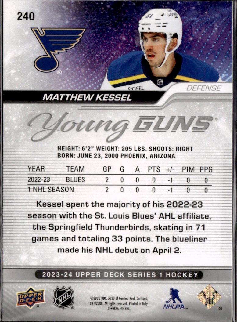 2023-24 Upper Deck Series 1 Hockey Base Young Guns #240 – Matthew Kessel (St. Louis Blues)