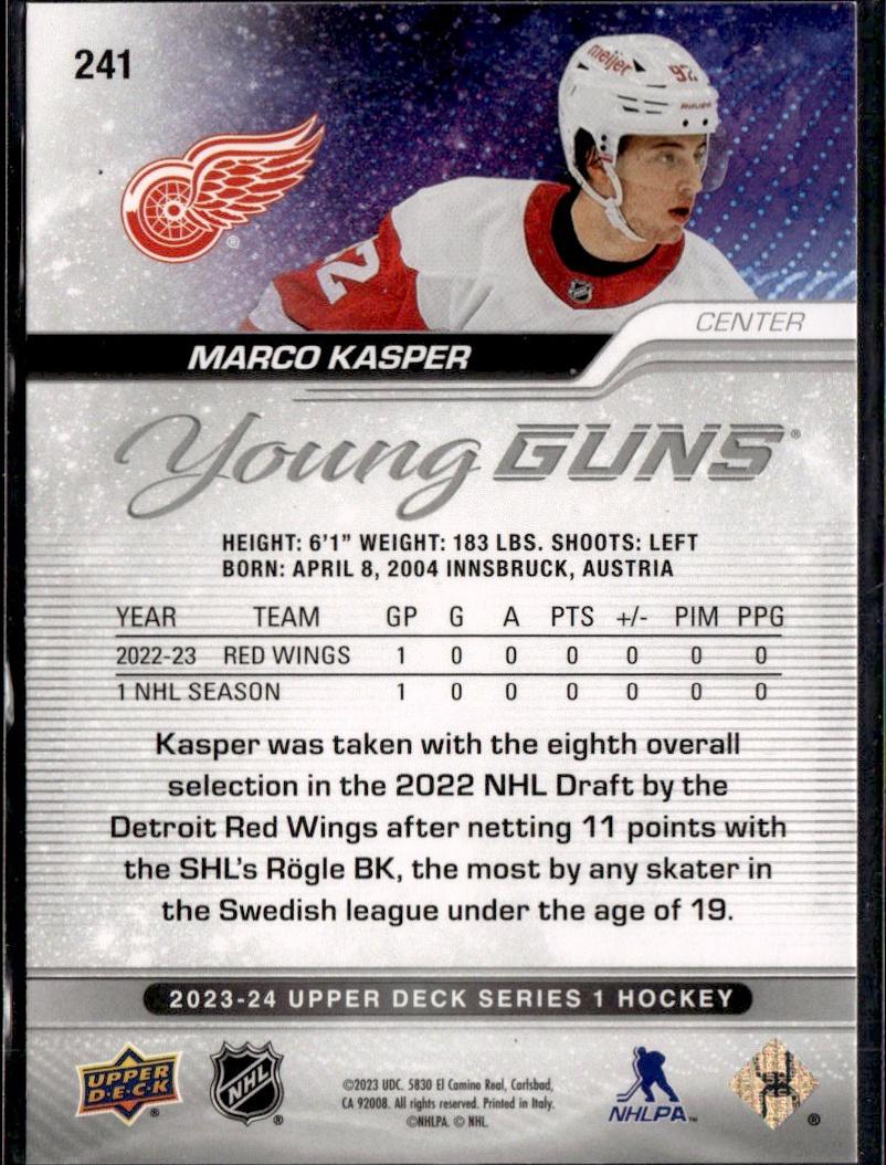2023-24 Upper Deck Series 1 Hockey Base Young Guns #241 – Marco Kasper (Detroit Red Wings)