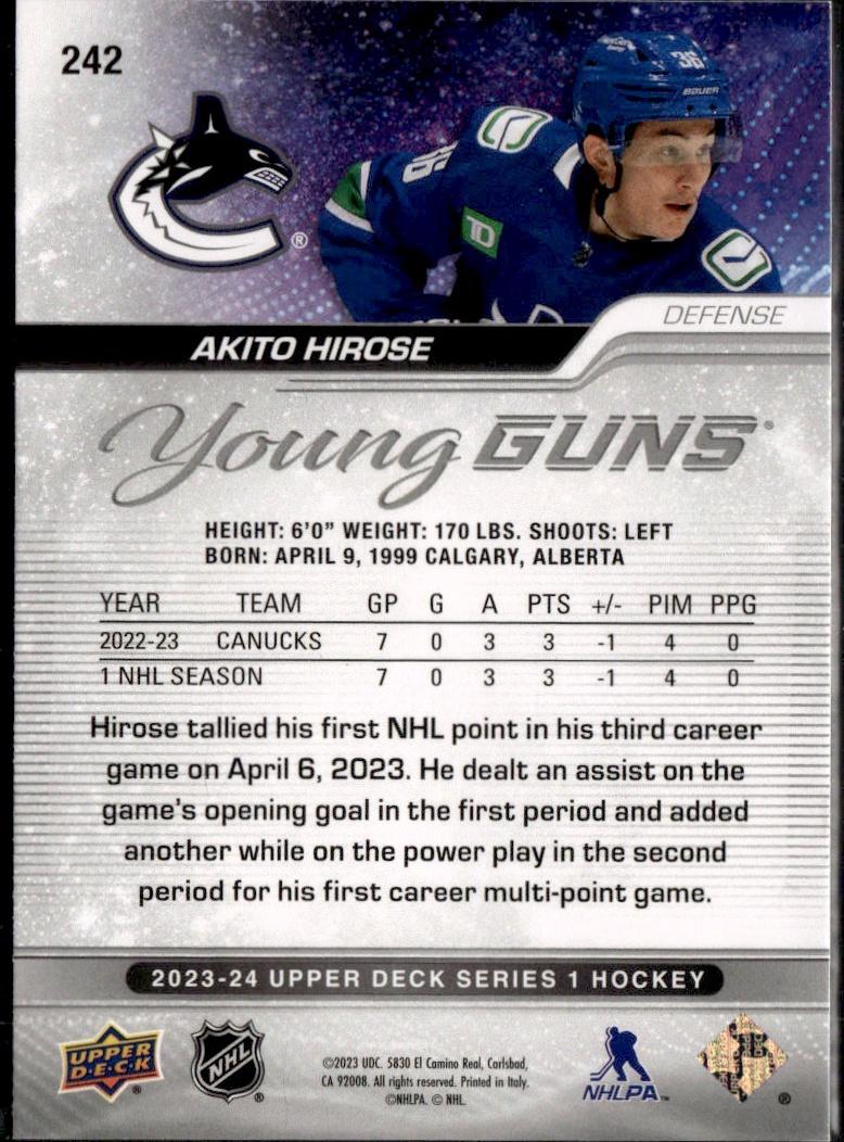 2023-24 Upper Deck Series 1 Hockey Base Young Guns #242 – Akito Hirose (Vancouver Canucks)