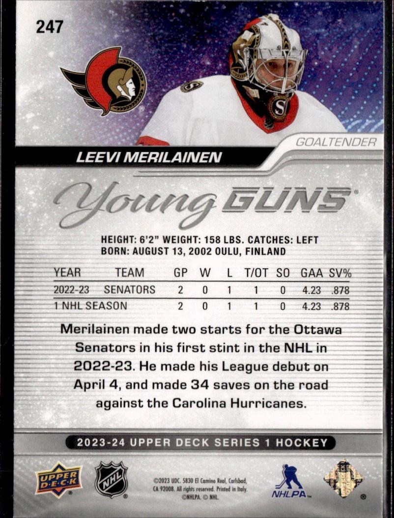2023-24 Upper Deck Series 1 Hockey Base Young Guns #247 – Leevi Merilainen (Ottawa Senators)