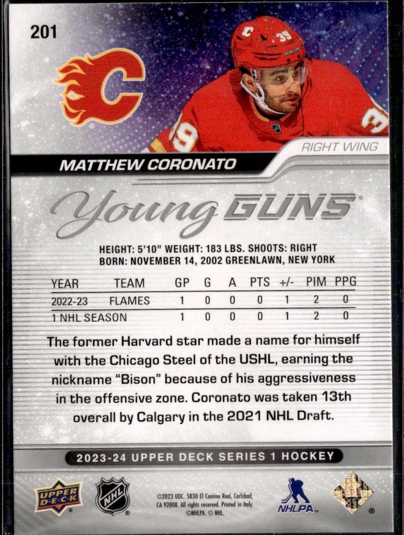 2023-24 Upper Deck Series 1 Hockey Base Young Guns #201 – Matthew Coronato (Calgary Flames)