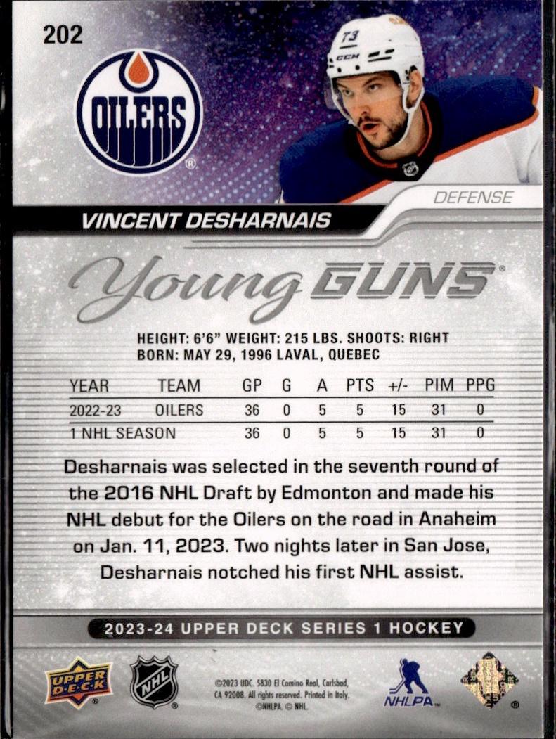 2023-24 Upper Deck Series 1 Hockey Base Young Guns #202 – Vincent Desharnais (Edmonton Oilers)