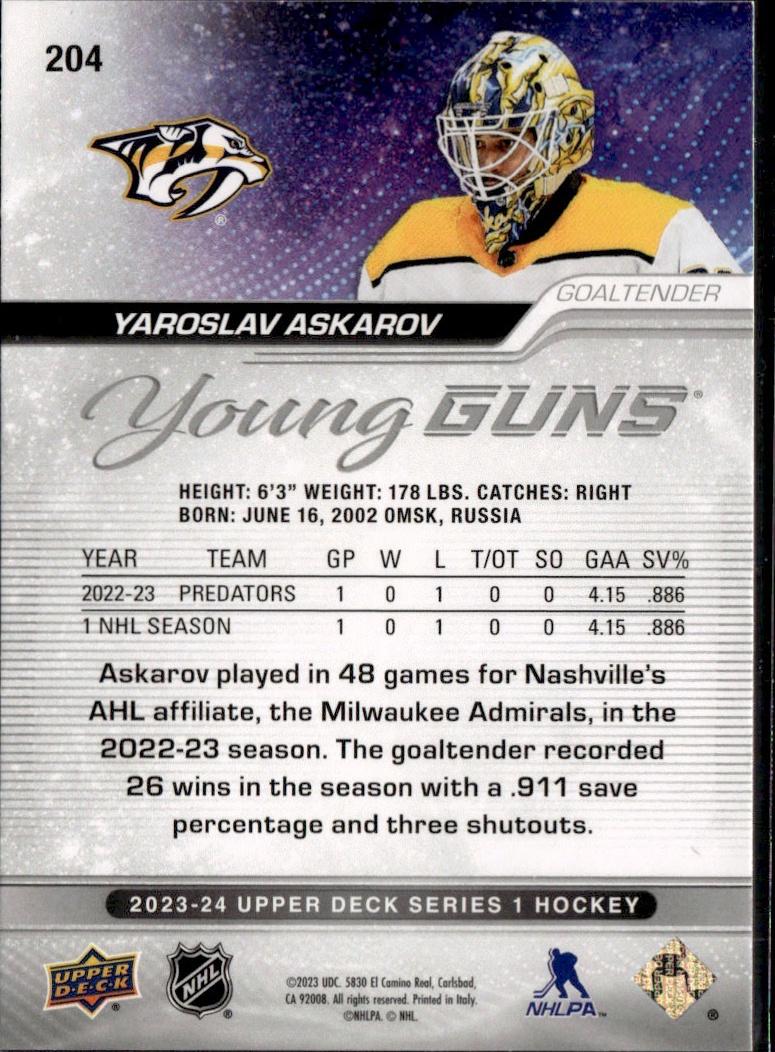 2023-24 Upper Deck Series 1 Hockey Base Young Guns #204 – Yaroslav Askarov (Nashville Predators)
