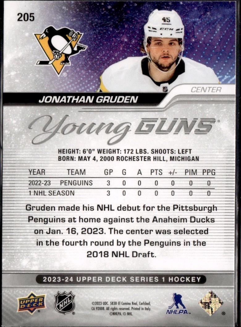 2023-24 Upper Deck Series 1 Hockey Base Young Guns #205 – Jonathan Gruden (Pittsburgh Penguins)