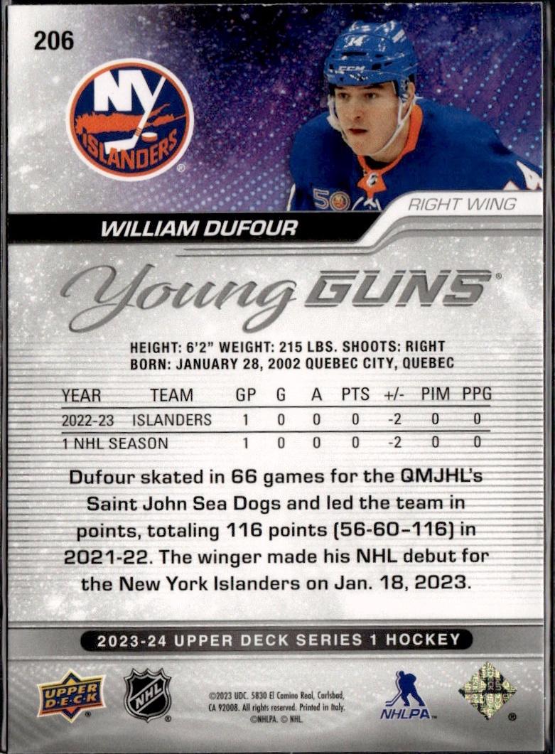 2023-24 Upper Deck Series 1 Hockey Base Young Guns #206 – William Dufour (New York Islanders)