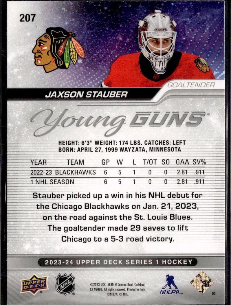 2023-24 Upper Deck Series 1 Hockey Base Young Guns #207 – Jaxson Stauber (Chicago Blackhawks)