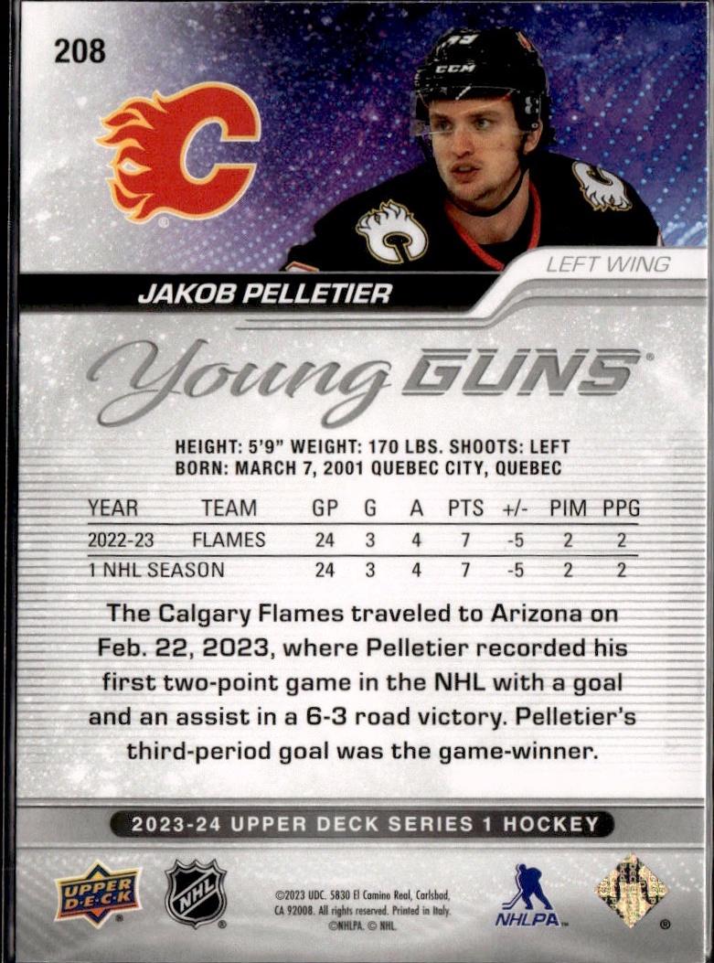 2023-24 Upper Deck Series 1 Hockey Base Young Guns #208 – Jakob Pelletier (Calgary Flames)