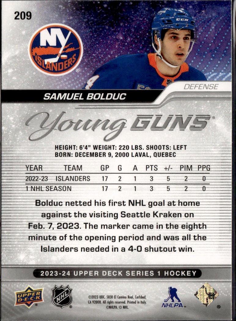 2023-24 Upper Deck Series 1 Hockey Base Young Guns #209 – Samuel Bolduc (New York Islanders)