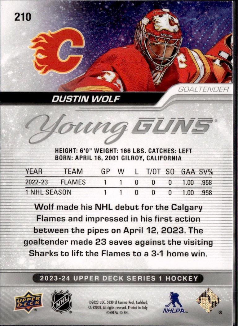 2023-24 Upper Deck Series 1 Hockey Base Young Guns #210 – Dustin Wolf (Calgary Flames)