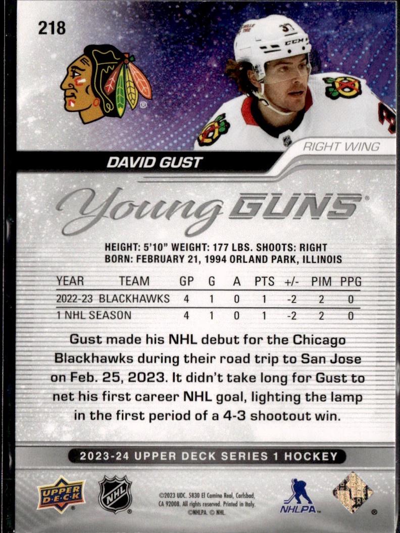 2023-24 Upper Deck Series 1 Hockey Base Young Guns #218 – David Gust (Chicago Blackhawks)