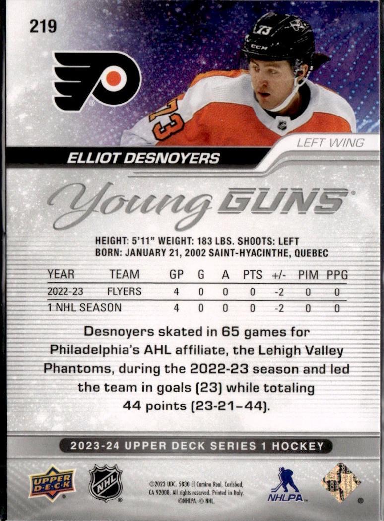 2023-24 Upper Deck Series 1 Hockey Base Young Guns #219 – Elliot Desnoyers (Philadelphia Flyers)