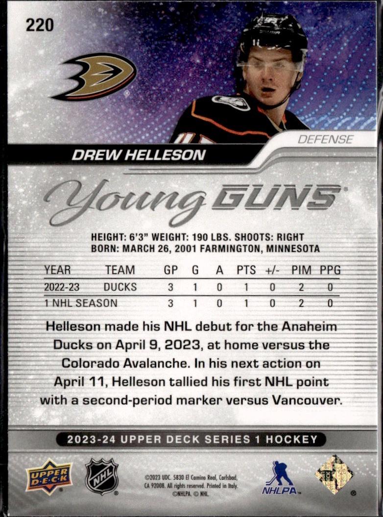 2023-24 Upper Deck Series 1 Hockey Base Young Guns #220 – Drew Helleson (Anaheim Ducks)