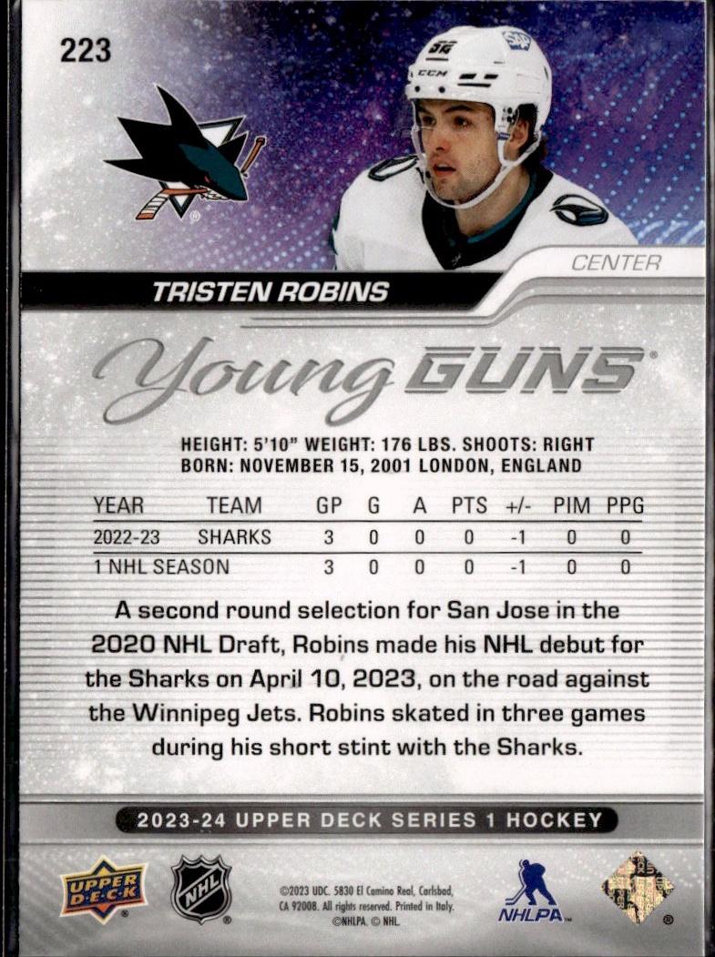 2023-24 Upper Deck Series 1 Hockey Base Young Guns #223 – Tristen Robins (San Jose Sharks)