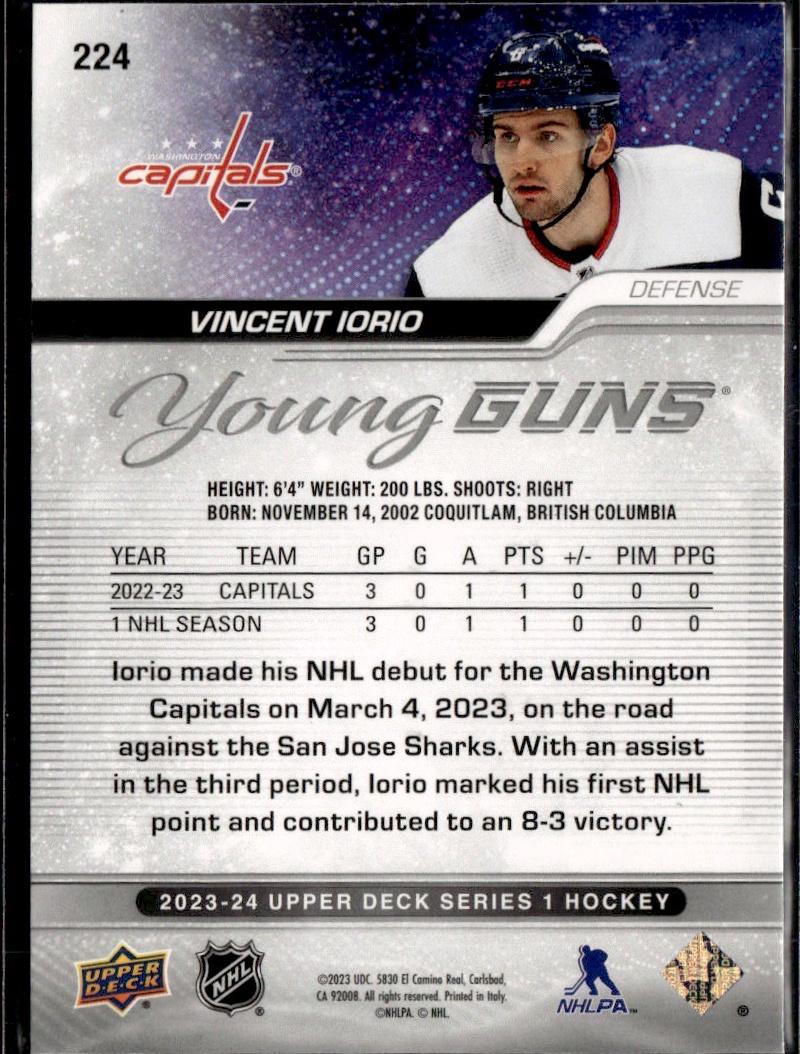 2023-24 Upper Deck Series 1 Hockey Base Young Guns #224 – Vincent Iorio (Washington Capitals)