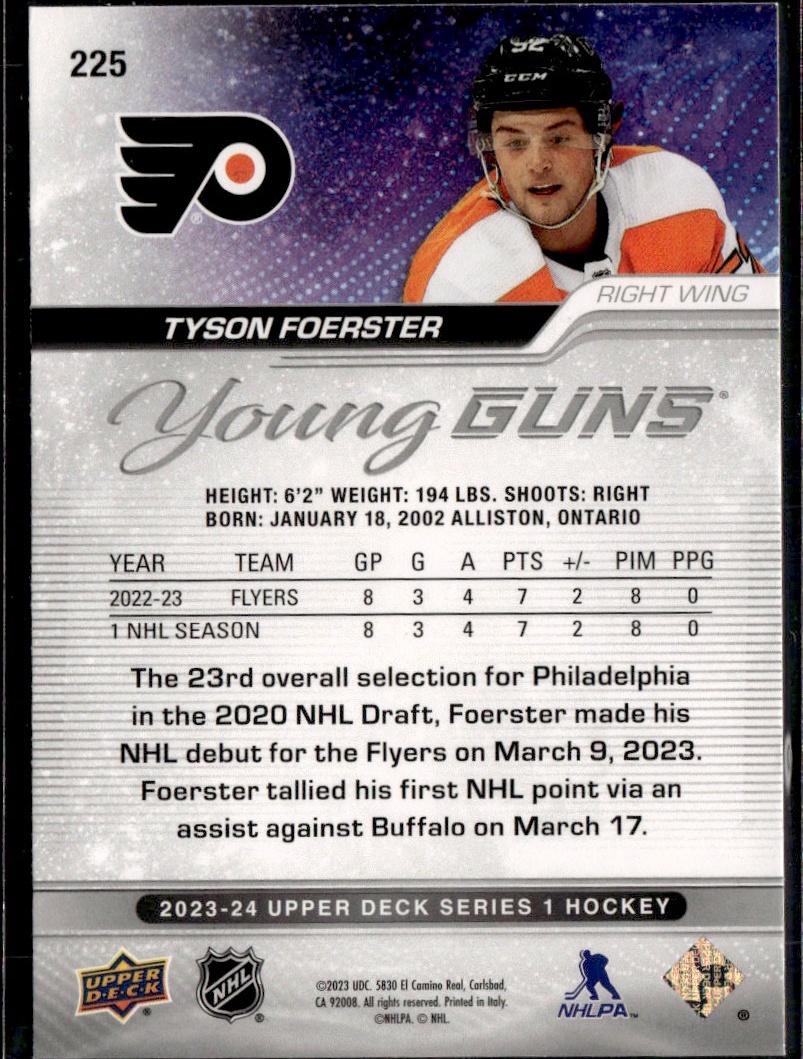 2023-24 Upper Deck Series 1 Hockey Base Young Guns #225 – Tyson Foerster (Philadelphia Flyers)