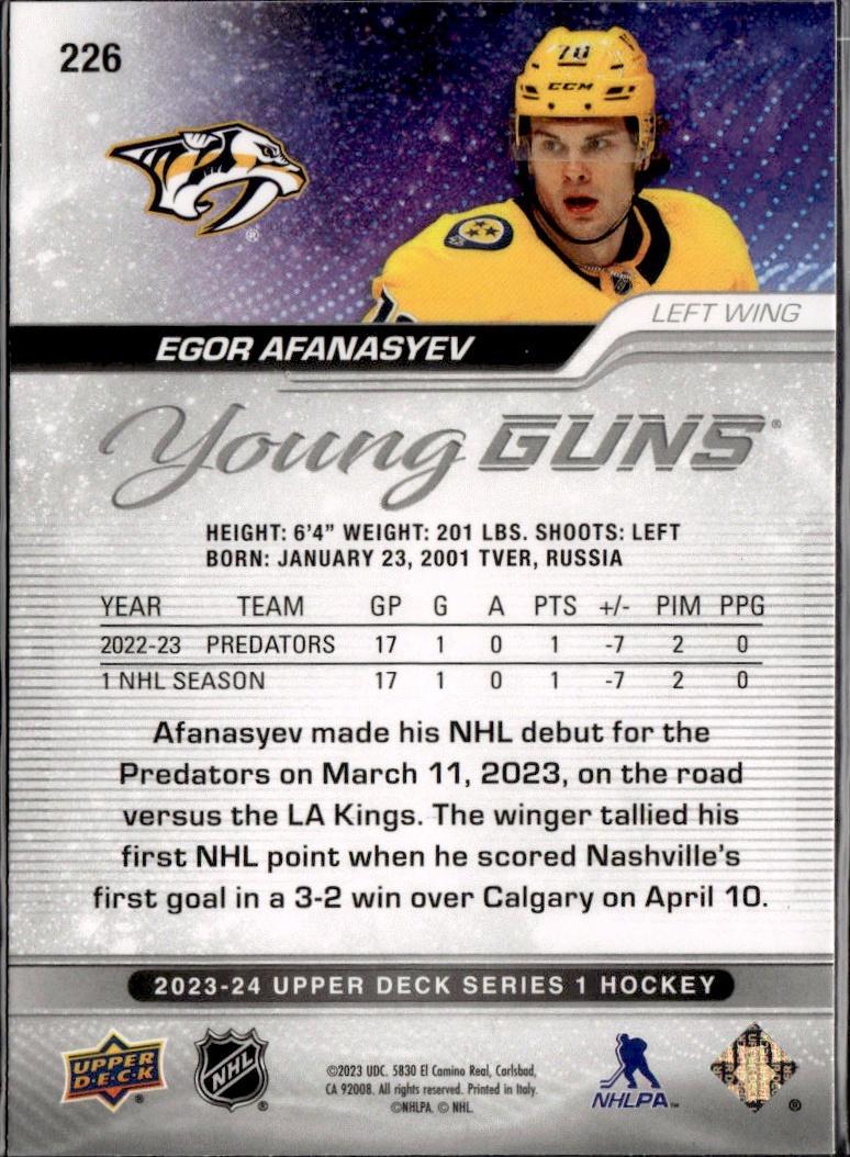 2023-24 Upper Deck Series 1 Hockey Base Young Guns #226 – Egor Afanasyev (Nashville Predators)