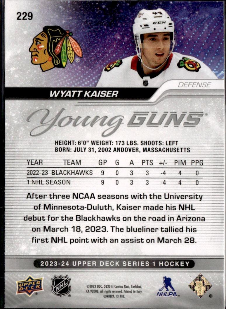 2023-24 Upper Deck Series 1 Hockey Base Young Guns #229 – Wyatt Kaiser (Chicago Blackhawks)