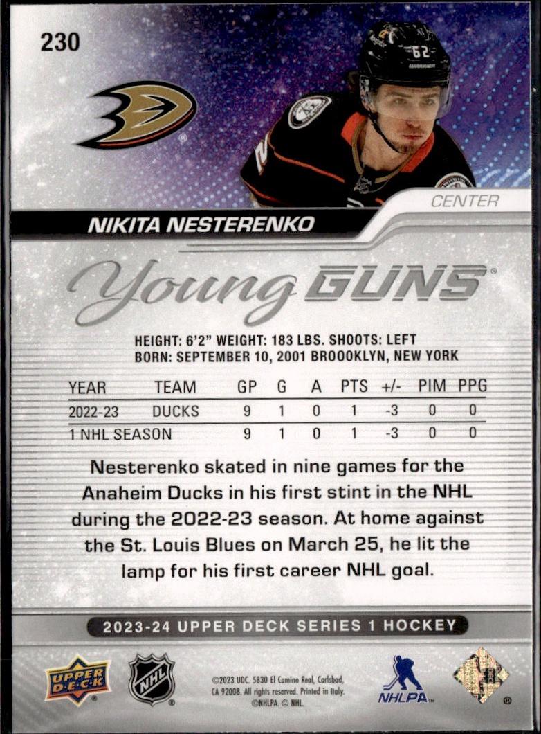 2023-24 Upper Deck Series 1 Hockey Base Young Guns #230 – Nikita Nesterenko (Anaheim Ducks)