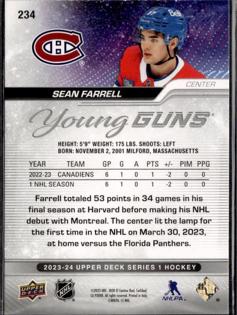 2023-24 Upper Deck Series 1 Hockey Base Young Guns #234 – Sean Farrell (Montreal Canadiens)