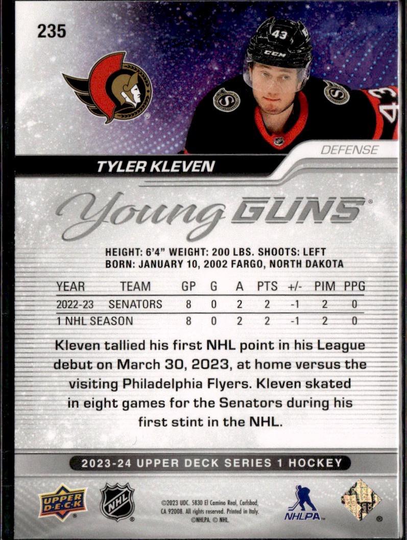 2023-24 Upper Deck Series 1 Hockey Base Young Guns #235 – Tyler Kleven (Ottawa Senators)