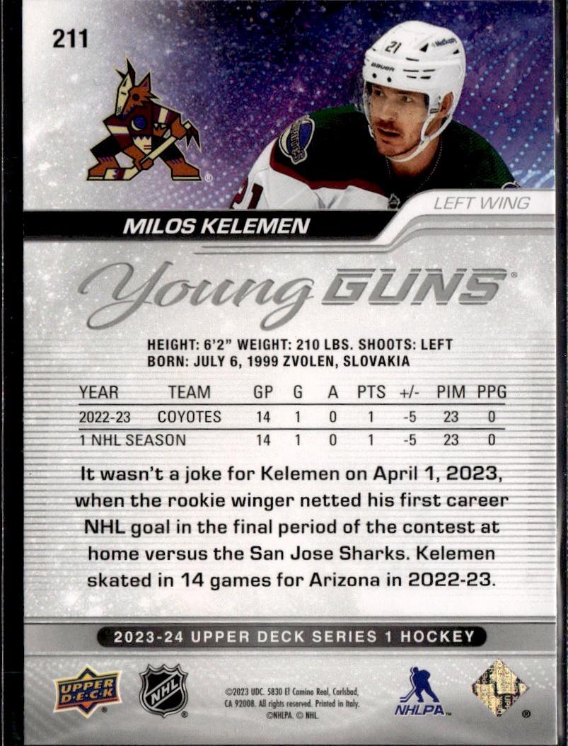 2023-24 Upper Deck Series 1 Hockey Base Young Guns #211 – Milos Kelemen (Arizona Coyotes)