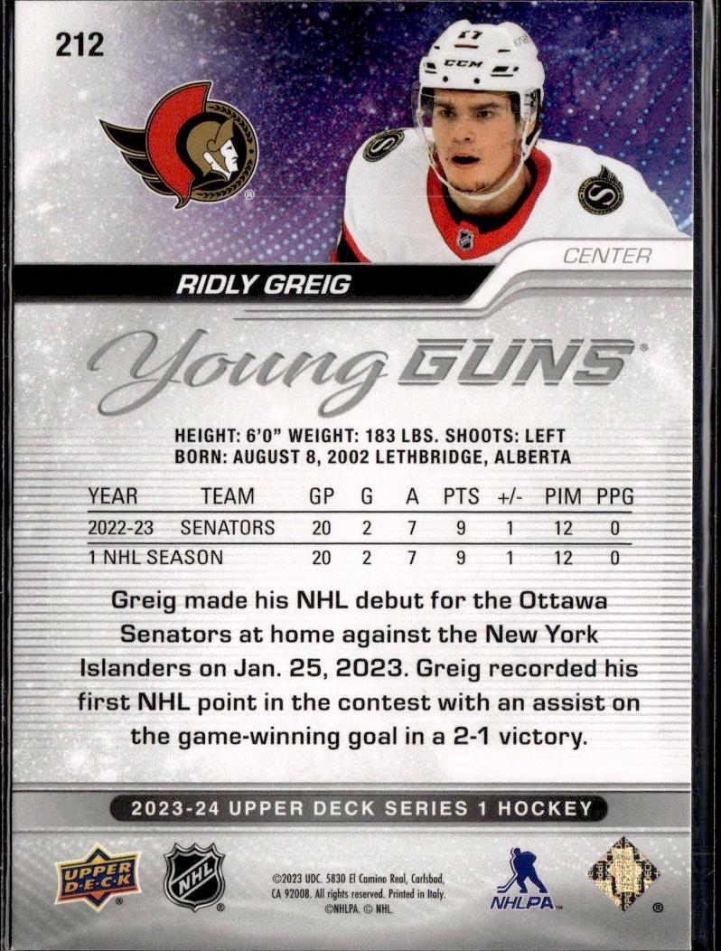 2023-24 Upper Deck Series 1 Hockey Base Young Guns #212 – Ridly Greig (Ottawa Senators)