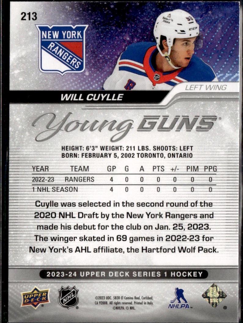 2023-24 Upper Deck Series 1 Hockey Base Young Guns #213 – Will Cuylle (New York Rangers)