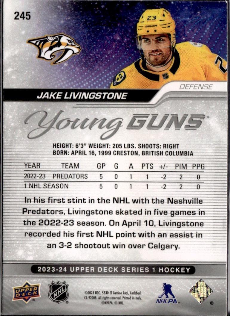 2023-24 Upper Deck Series 1 Hockey Base Young Guns Silver Outburst #245 – Jake Livingstone (Nashville Predators)