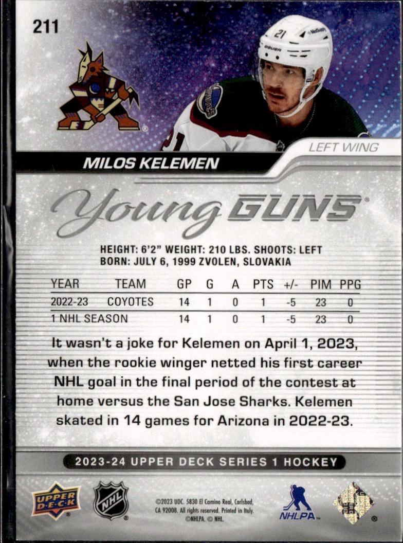 2023-24 Upper Deck Series 1 Hockey Base Young Guns Silver Outburst #211 – Milos Kelemen (Arizona Coyotes)