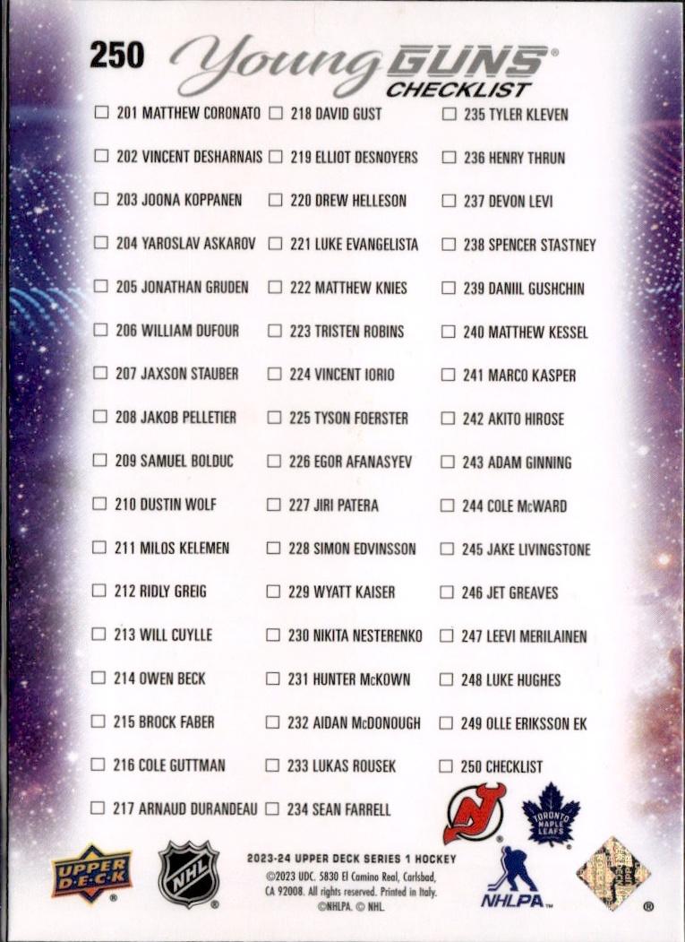 2023-24 Upper Deck Series 1 Hockey Base Young Guns #250 – Young Guns Checklist (Mixed team)