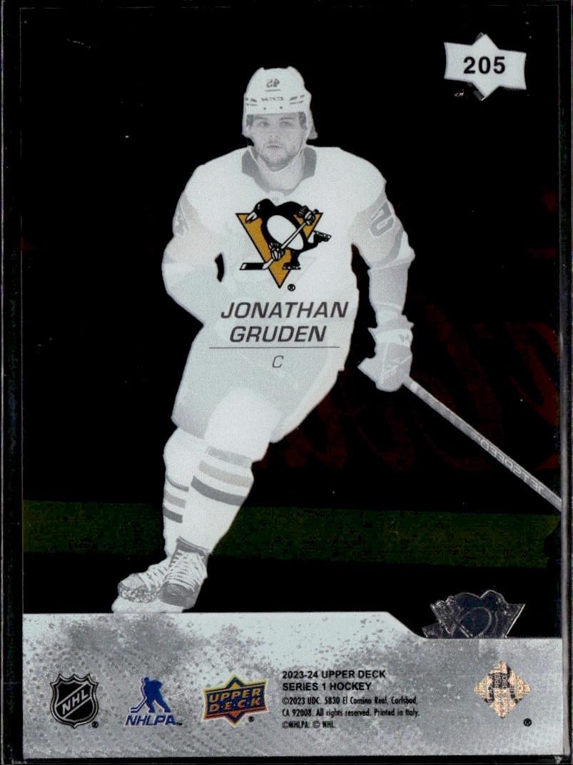 2023-24 Upper Deck Series 1 Hockey Base Young Guns Clear Cut #205 – Jonathan Gruden (Pittsburgh Penguins)