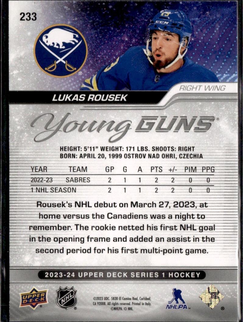 2023-24 Upper Deck Series 1 Hockey Base Young Guns Silver Outburst #233 – Lukas Rousek (Buffalo Sabres)