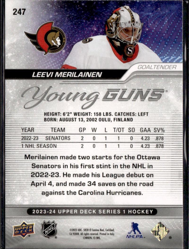 2023-24 Upper Deck Series 1 Hockey Base Young Guns Silver Outburst #247 – Leevi Merilainen (Ottawa Senators)