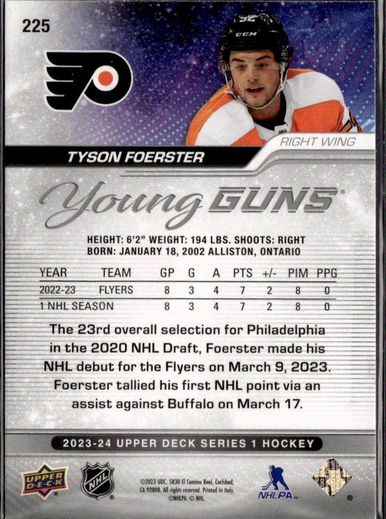 2023-24 Upper Deck Series 1 Hockey Base Young Guns Silver Outburst #225 – Tyson Foerster (Philadelphia Flyers)