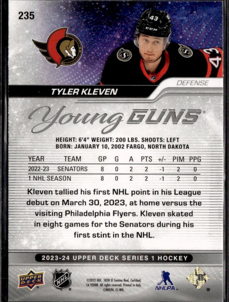 2023-24 Upper Deck Series 1 Hockey Base Young Guns Silver Outburst #235 – Tyler Kleven (Ottawa Senators)
