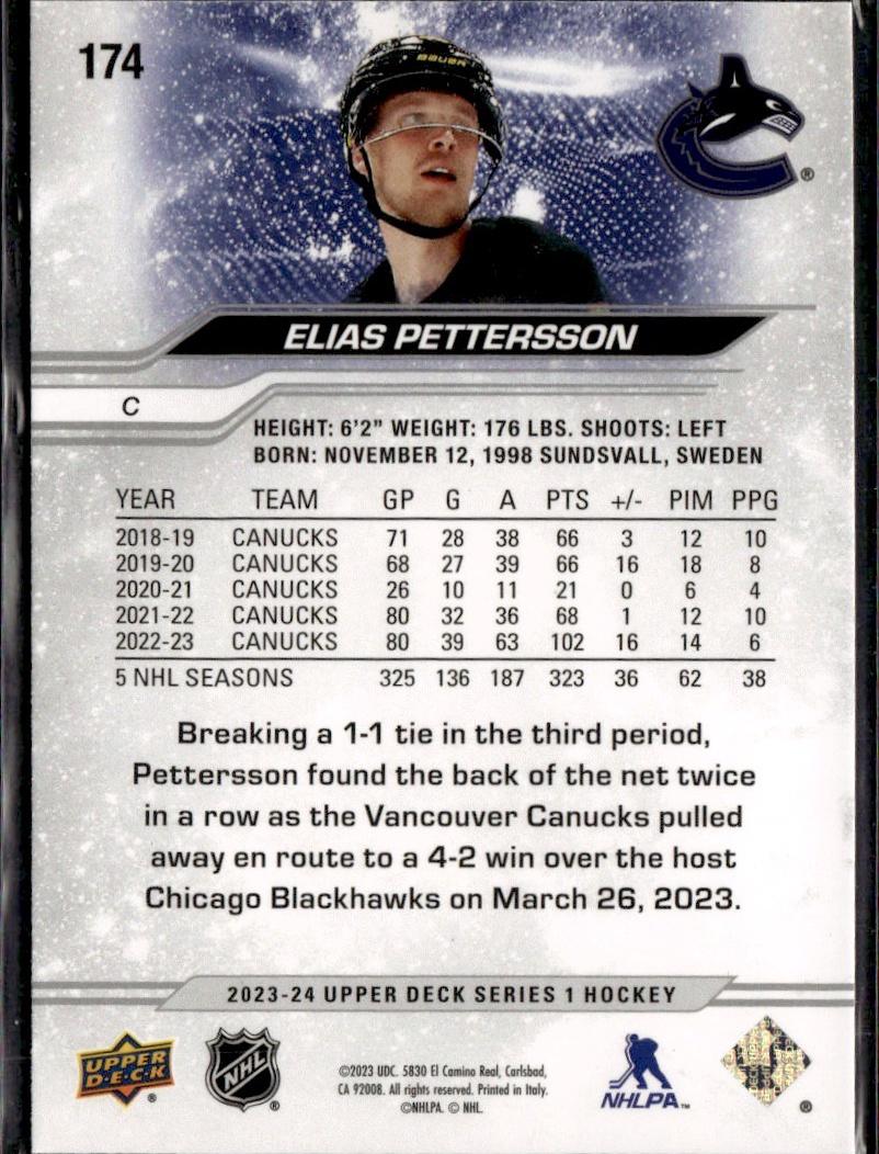 2023-24 Upper Deck Series 1 Hockey Base Silver Outburst #174 – Elias Pettersson (Vancouver Canucks)